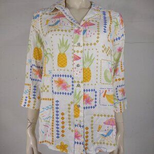 NWT Calypso St. Barth ivory colorful tropical print line blend blouse top XS